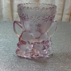 H-139 VINTAGE WILKERSON GLASS BUNNY RABBIT EGG HOLDER IN PINK